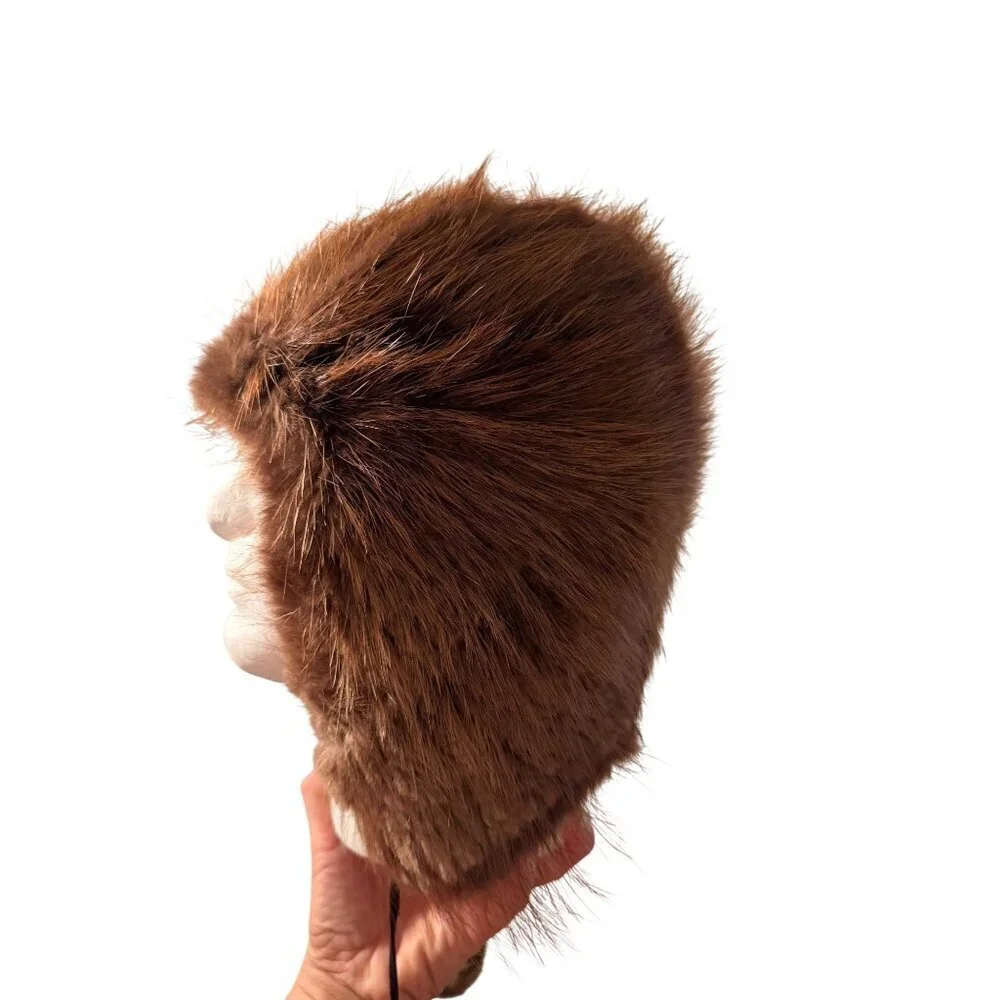Vintage Beaver Fur Womens Trapper Hat One Size Reddish Brown Earflaps Pom-poms